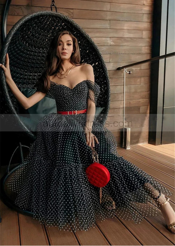 Black Polka Dot Tulle Midi Party Dress With Dropped Sleeves